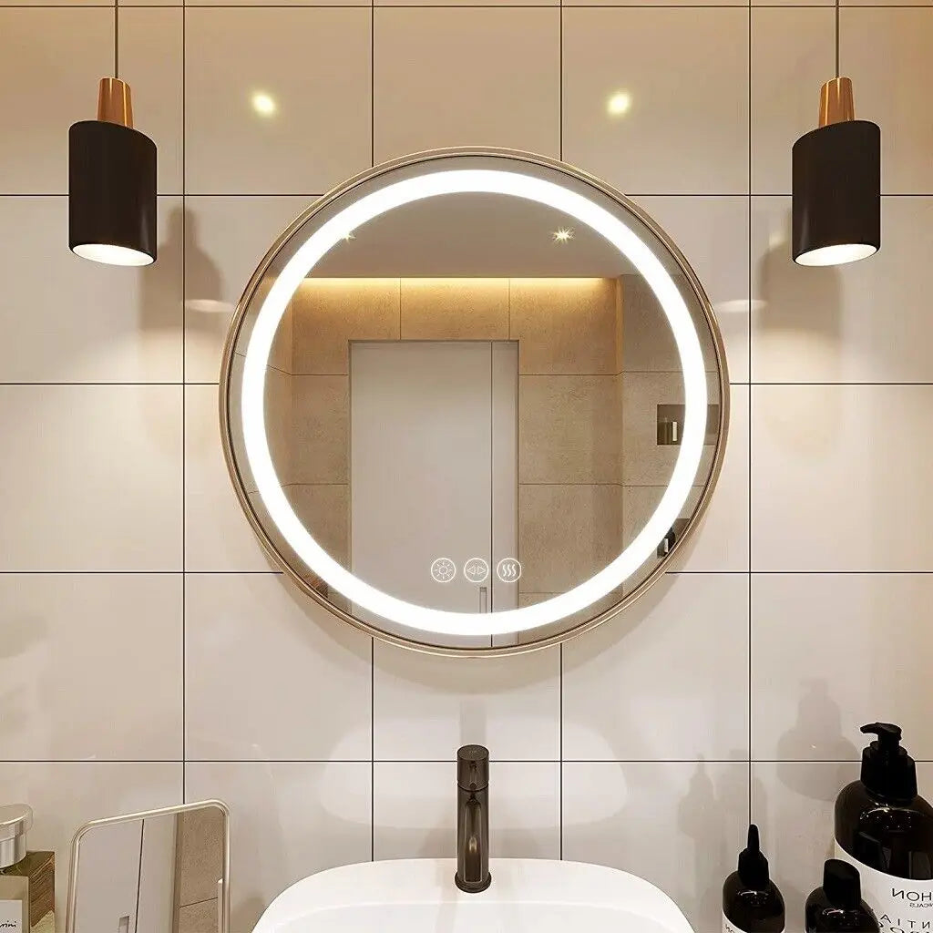 LUVODI Round LED Dimmable and Fog-less Bathroom Mirror with Black Gold Frame and Detachable Rope - Homevalley.co.uk