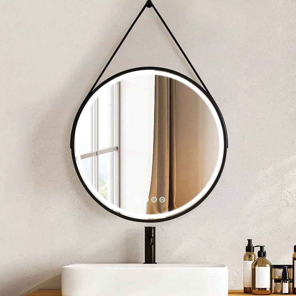 LUVODI Round LED Dimmable and Fog-less Bathroom Mirror with Black Gold Frame and Detachable Rope - Homevalley.co.uk