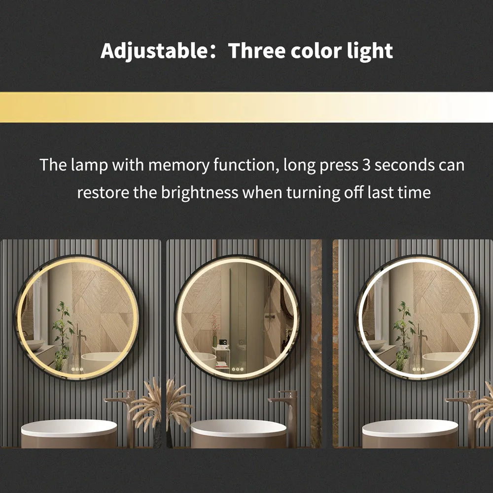 LUVODI Round LED Dimmable and Fog-less Bathroom Mirror with Black Gold Frame and Detachable Rope - Homevalley.co.uk