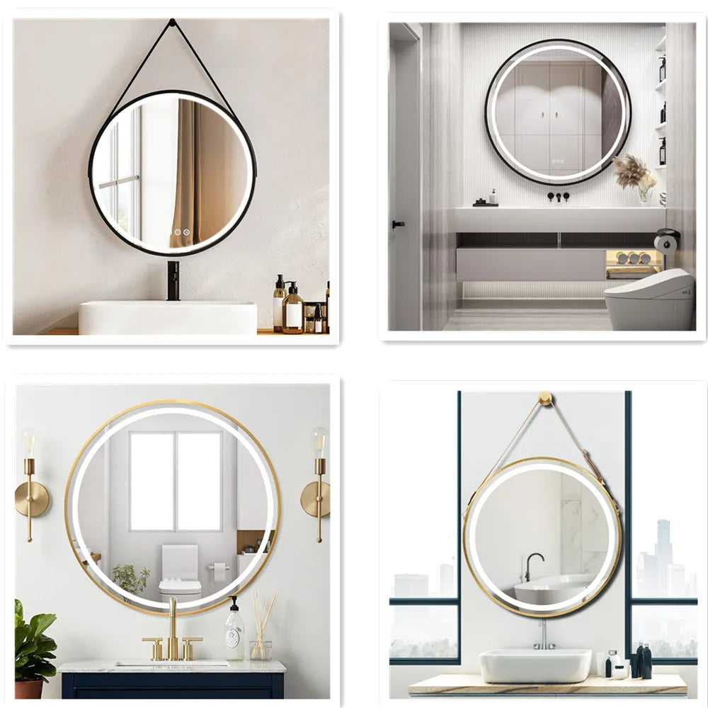 LUVODI Round LED Dimmable and Fog-less Bathroom Mirror with Black Gold Frame and Detachable Rope - Homevalley.co.uk