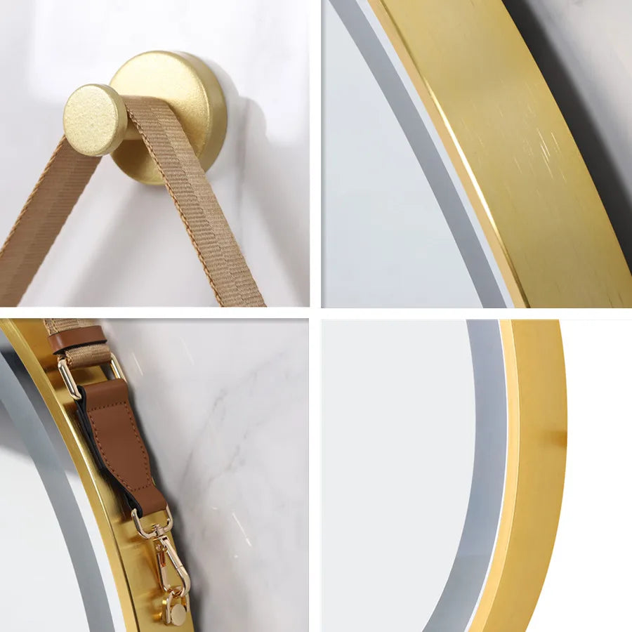 LUVODI Round LED Dimmable and Fog-less Bathroom Mirror with Black Gold Frame and Detachable Rope - Homevalley.co.uk