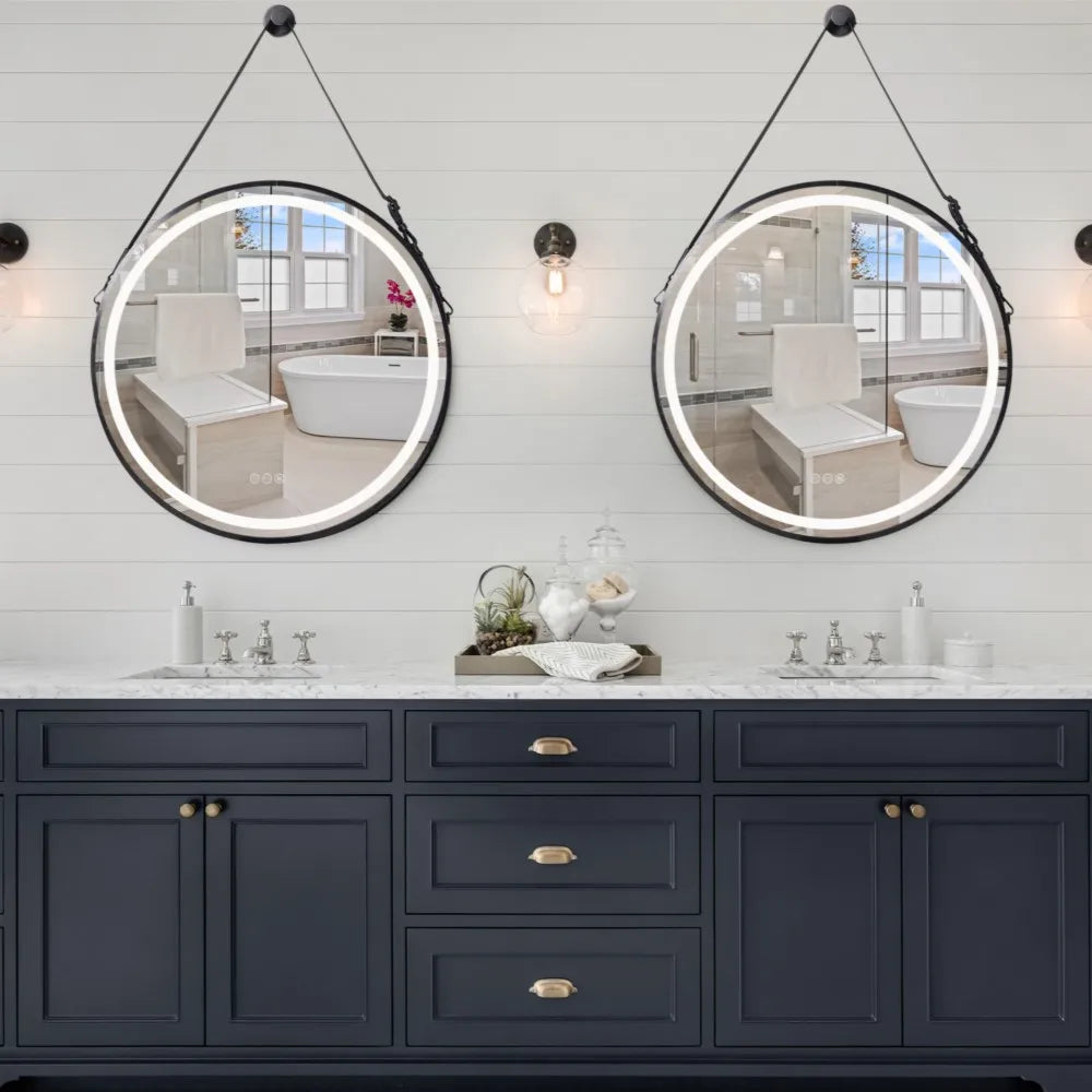 LUVODI Round LED Dimmable and Fog-less Bathroom Mirror with Black Gold Frame and Detachable Rope - Homevalley.co.uk