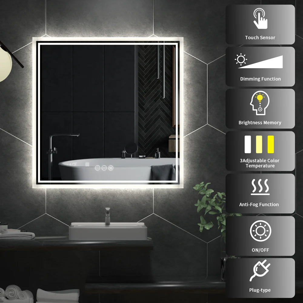 LUVODI Smart Backlit Square Bathroom Mirror with Dimmable LED Lights Anti-fog system - Homevalley.co.uk