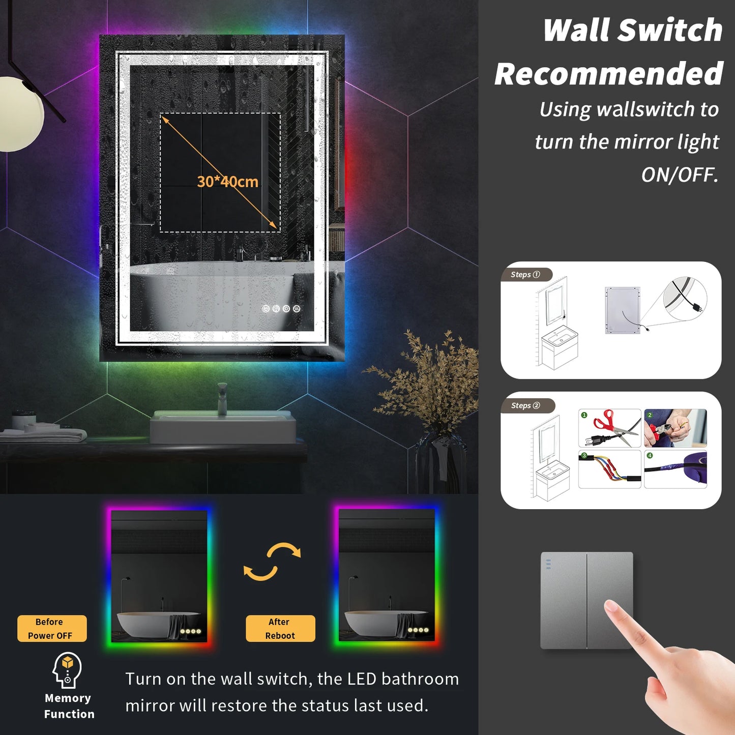 LUVODI Smart Rectangle RGB LED Defog Mirror - Homevalley.co.uk