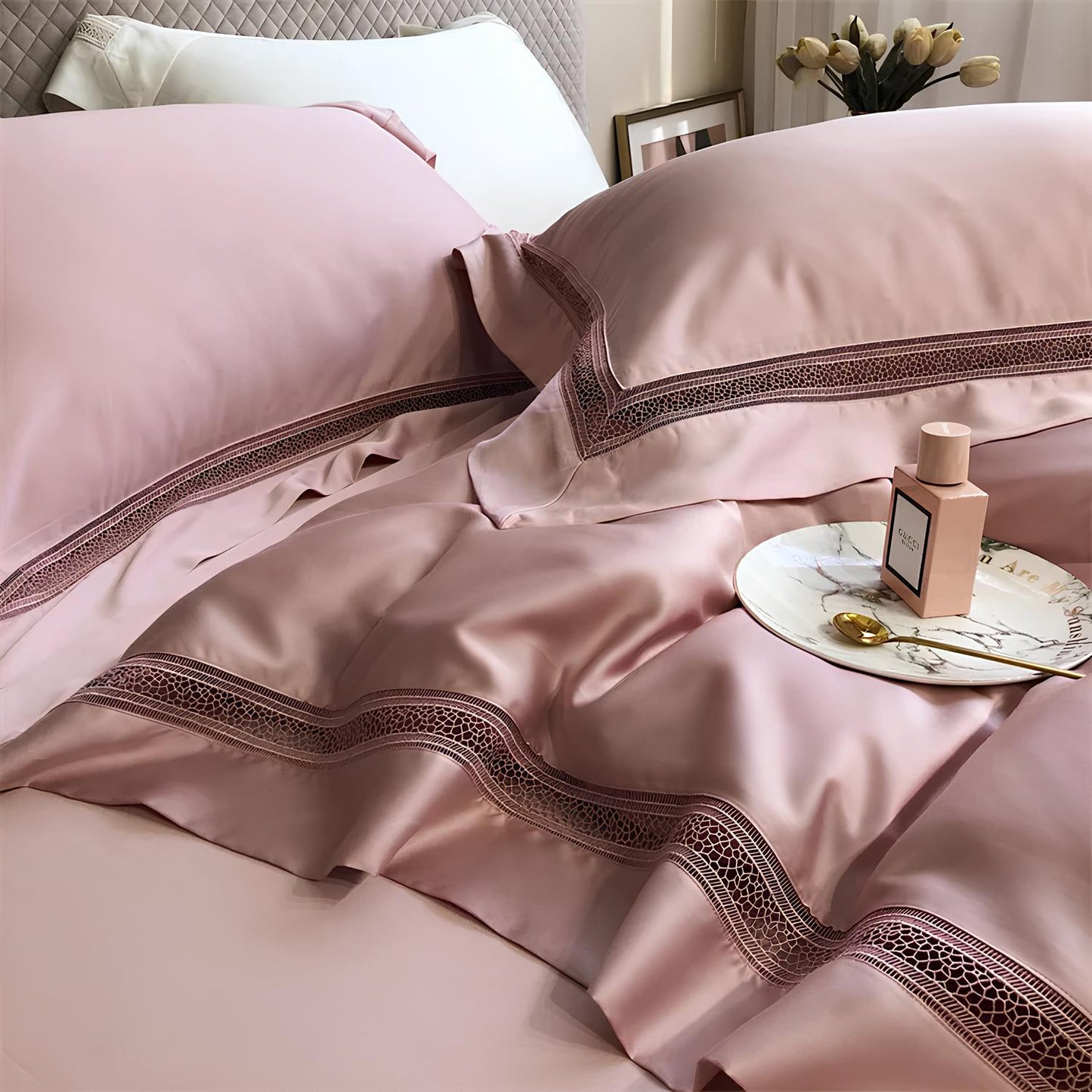 Luxury 1000TC Egyptian Cotton Duvet Cover Set with hollow out lace broad side - Homevalley.co.uk