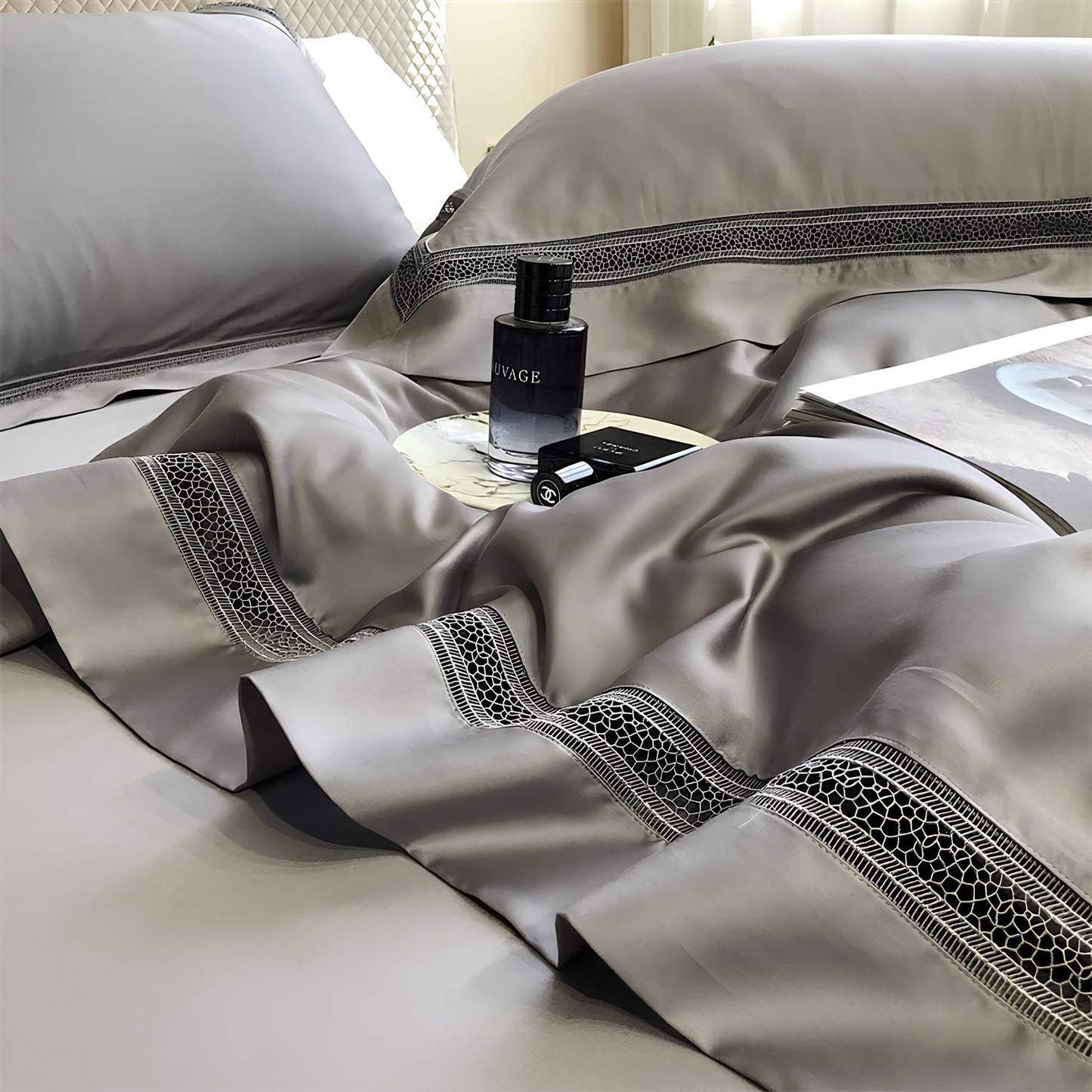 Luxury 1000TC Egyptian Cotton Duvet Cover Set with hollow out lace broad side - Homevalley.co.uk