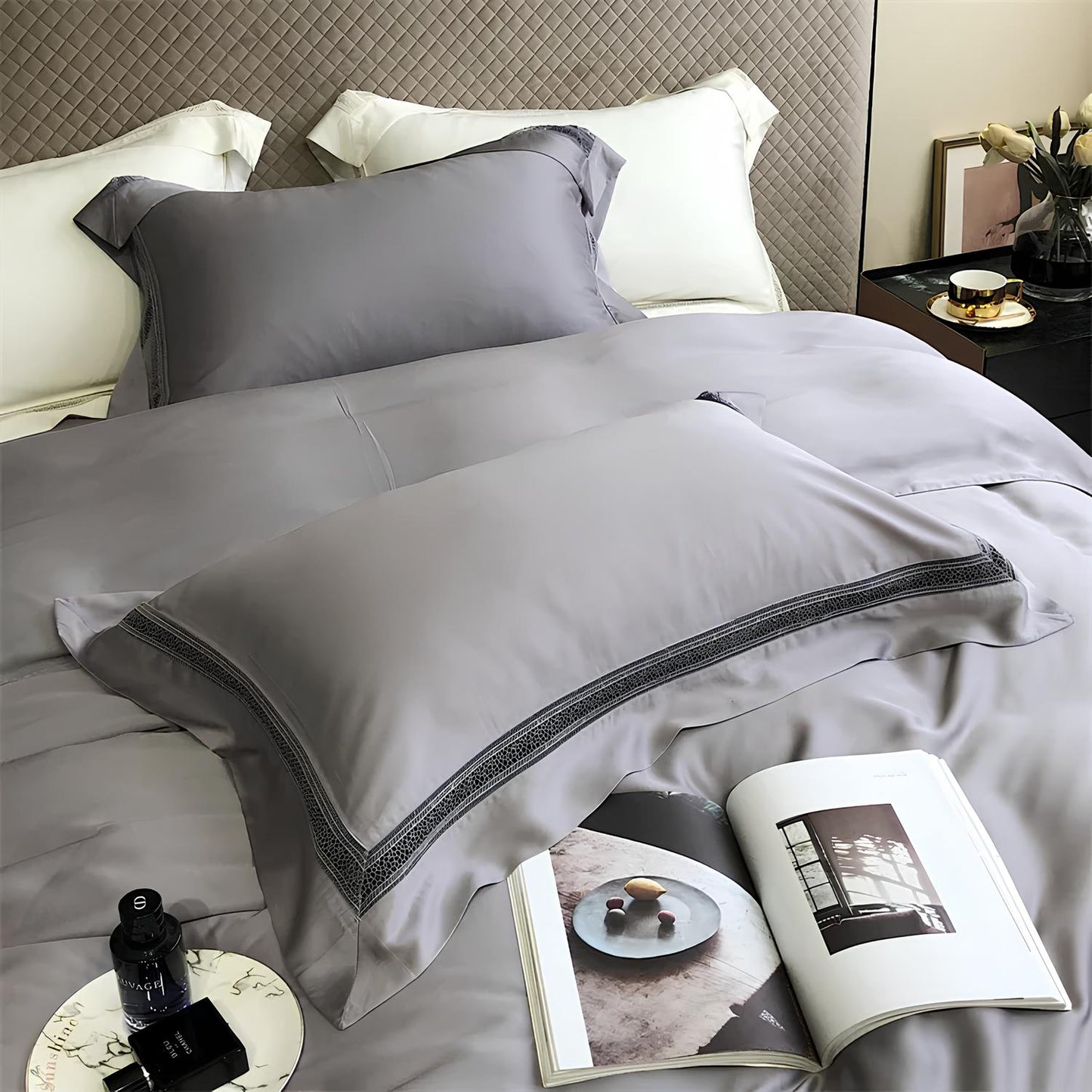 Luxury 1000TC Egyptian Cotton Duvet Cover Set with hollow out lace broad side - Homevalley.co.uk