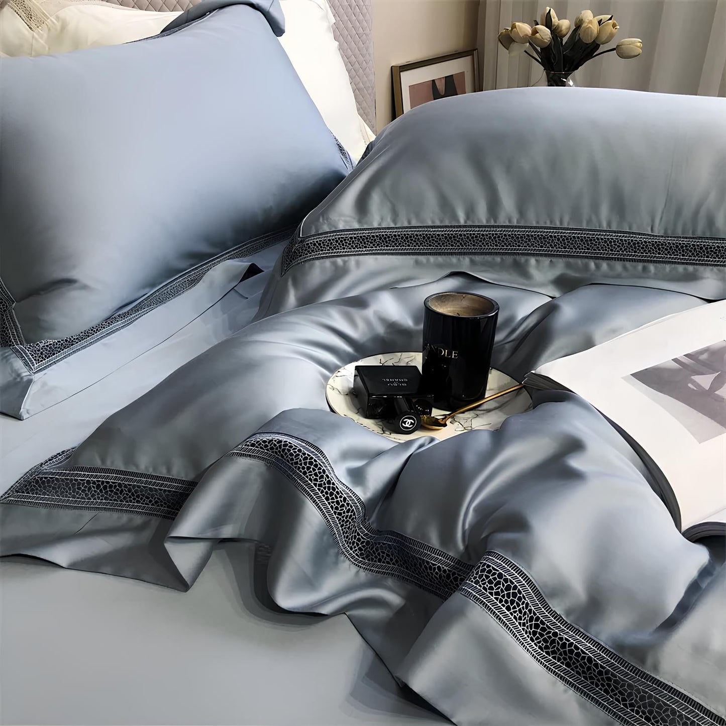 Luxury 1000TC Egyptian Cotton Duvet Cover Set with hollow out lace broad side - Homevalley.co.uk