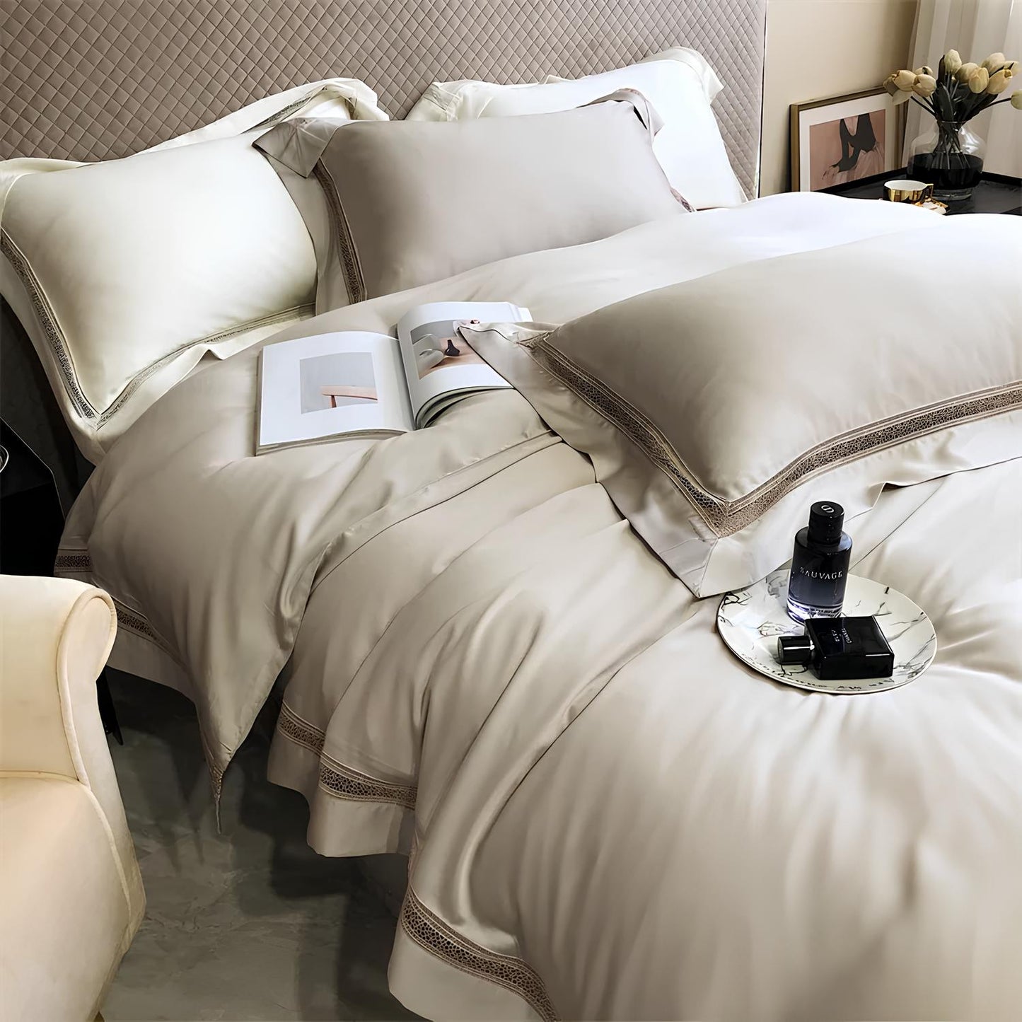 Luxury 1000TC Egyptian Cotton Duvet Cover Set with hollow out lace broad side - Homevalley.co.uk