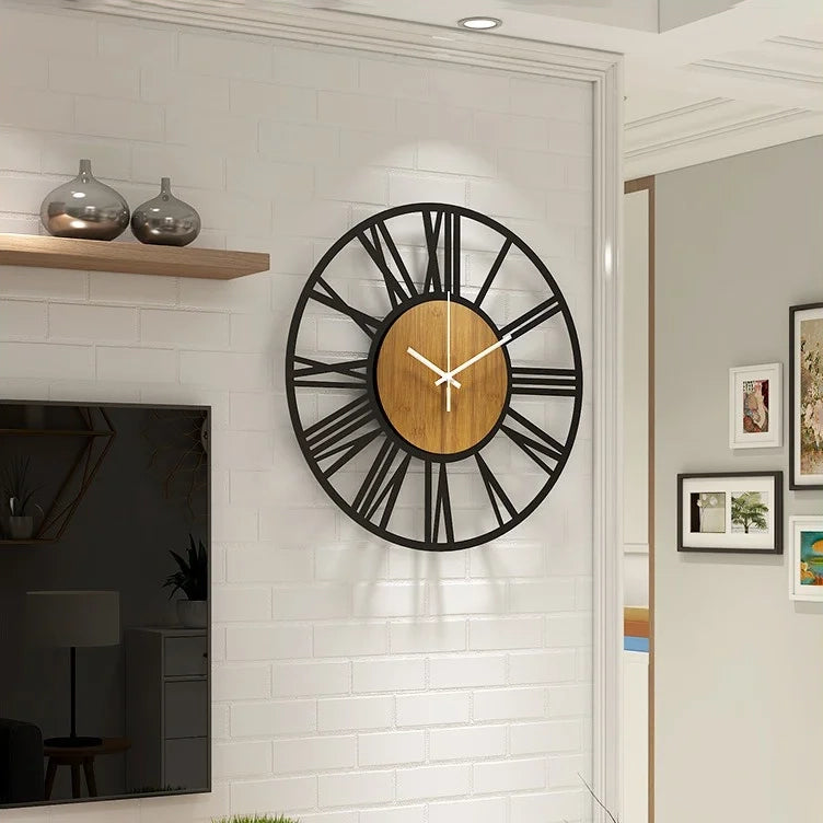 Metal and Wood Grain Retro Wall Clock with Roman Numerals - Homevalley.co.uk