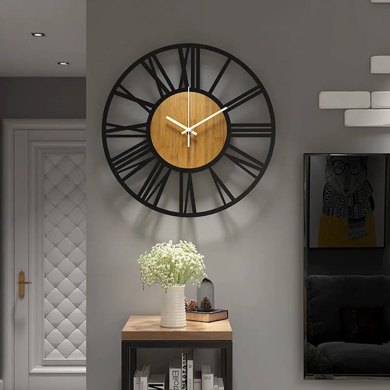 Metal and Wood Grain Retro Wall Clock with Roman Numerals - Homevalley.co.uk