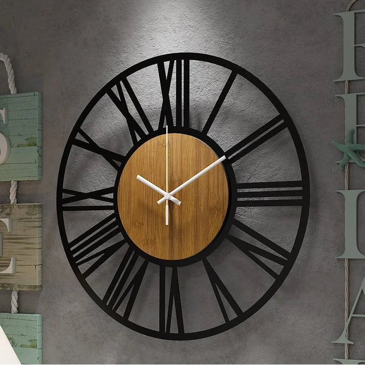 Metal and Wood Grain Retro Wall Clock with Roman Numerals - Homevalley.co.uk