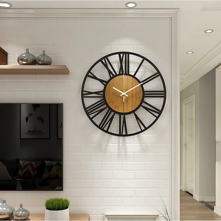 Metal and Wood Grain Retro Wall Clock with Roman Numerals - Homevalley.co.uk