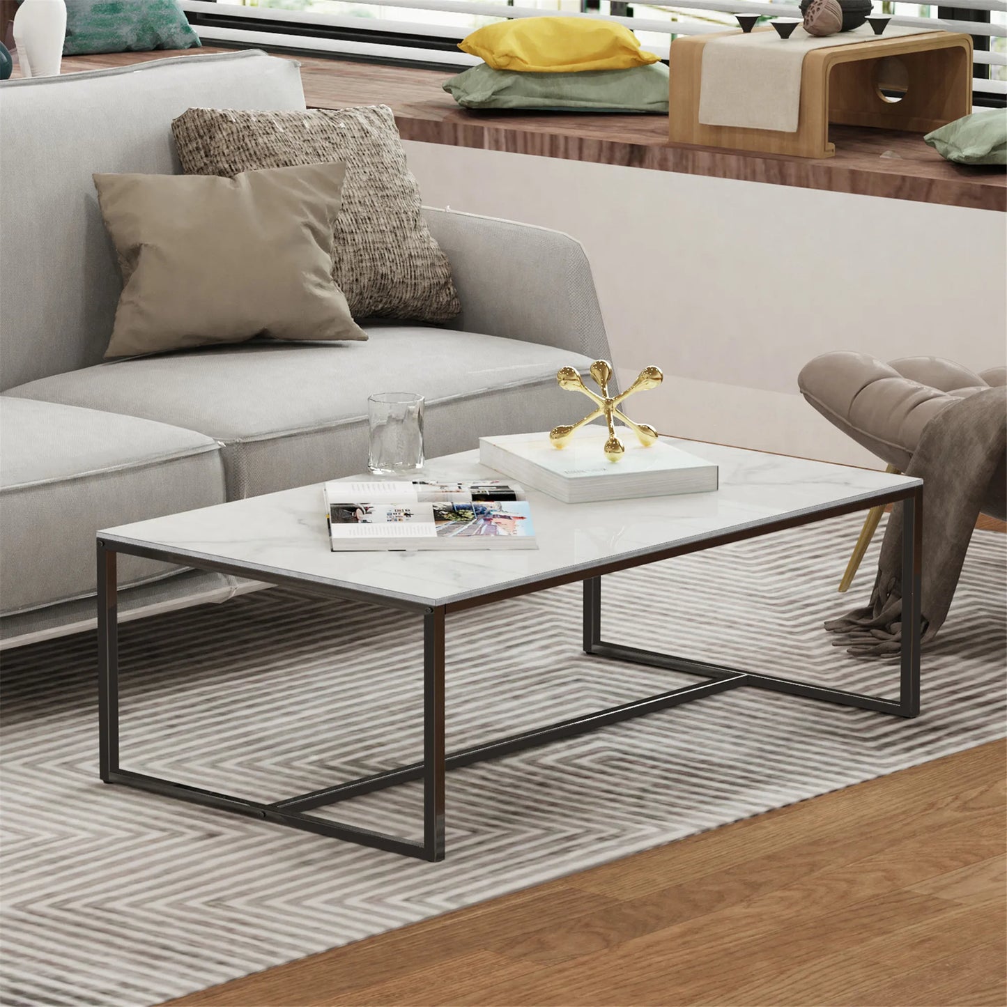 Modern Marble Metal Frame Open Rectangle Coffee Accent Table - Homevalley.co.uk