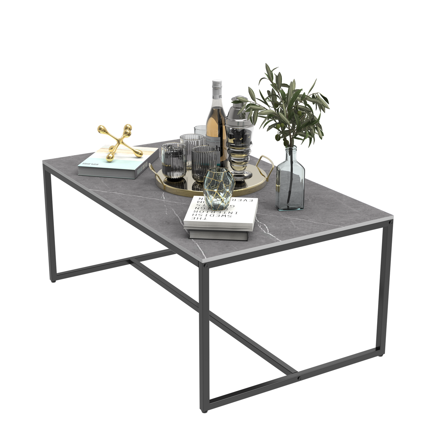 Modern Marble Metal Frame Open Rectangle Coffee Accent Table - Homevalley.co.uk