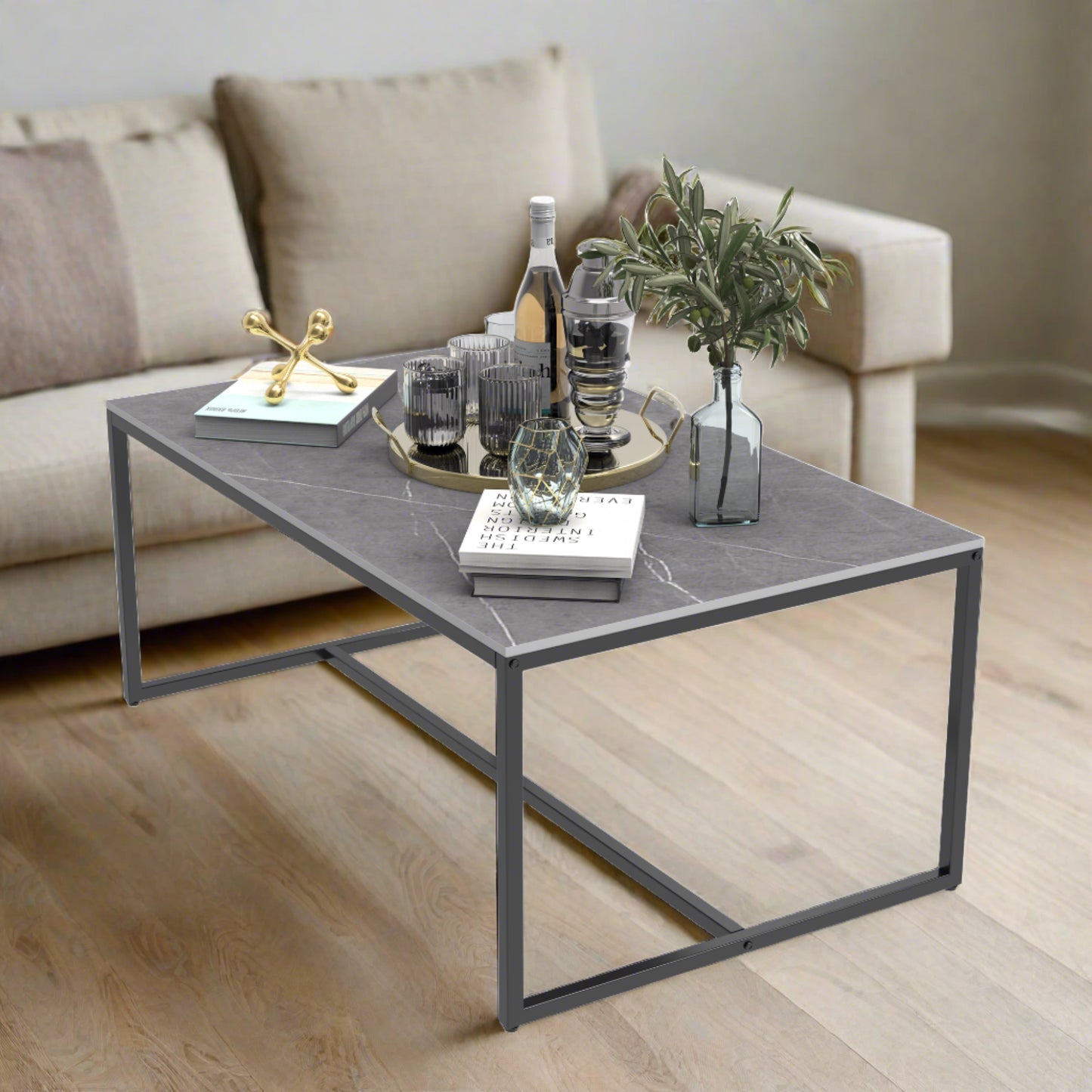 Modern Marble Metal Frame Open Rectangle Coffee Accent Table - Homevalley.co.uk