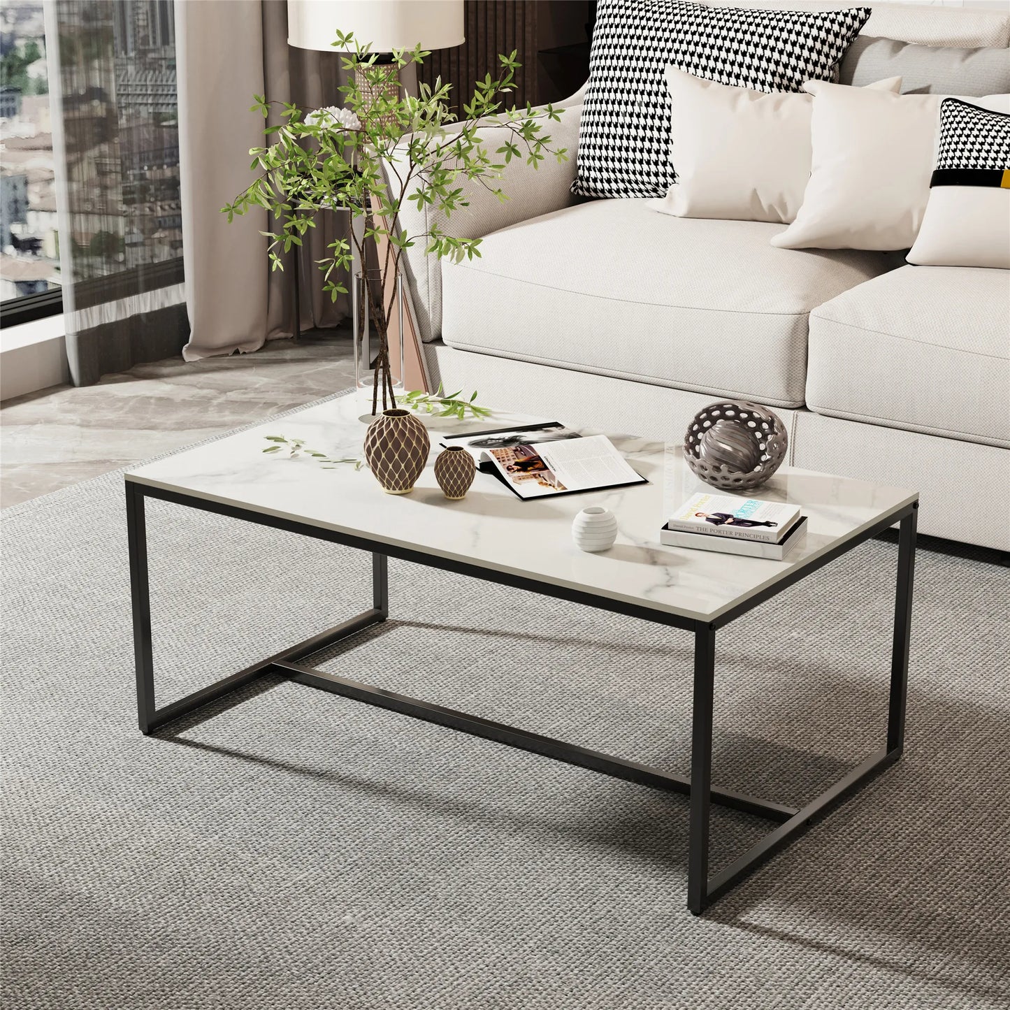 Modern Marble Metal Frame Open Rectangle Coffee Accent Table - Homevalley.co.uk