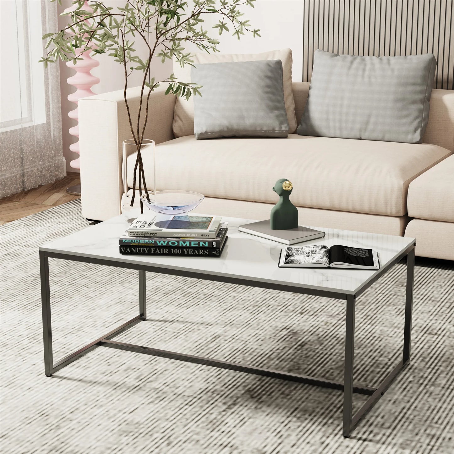 Modern Marble Metal Frame Open Rectangle Coffee Accent Table - Homevalley.co.uk