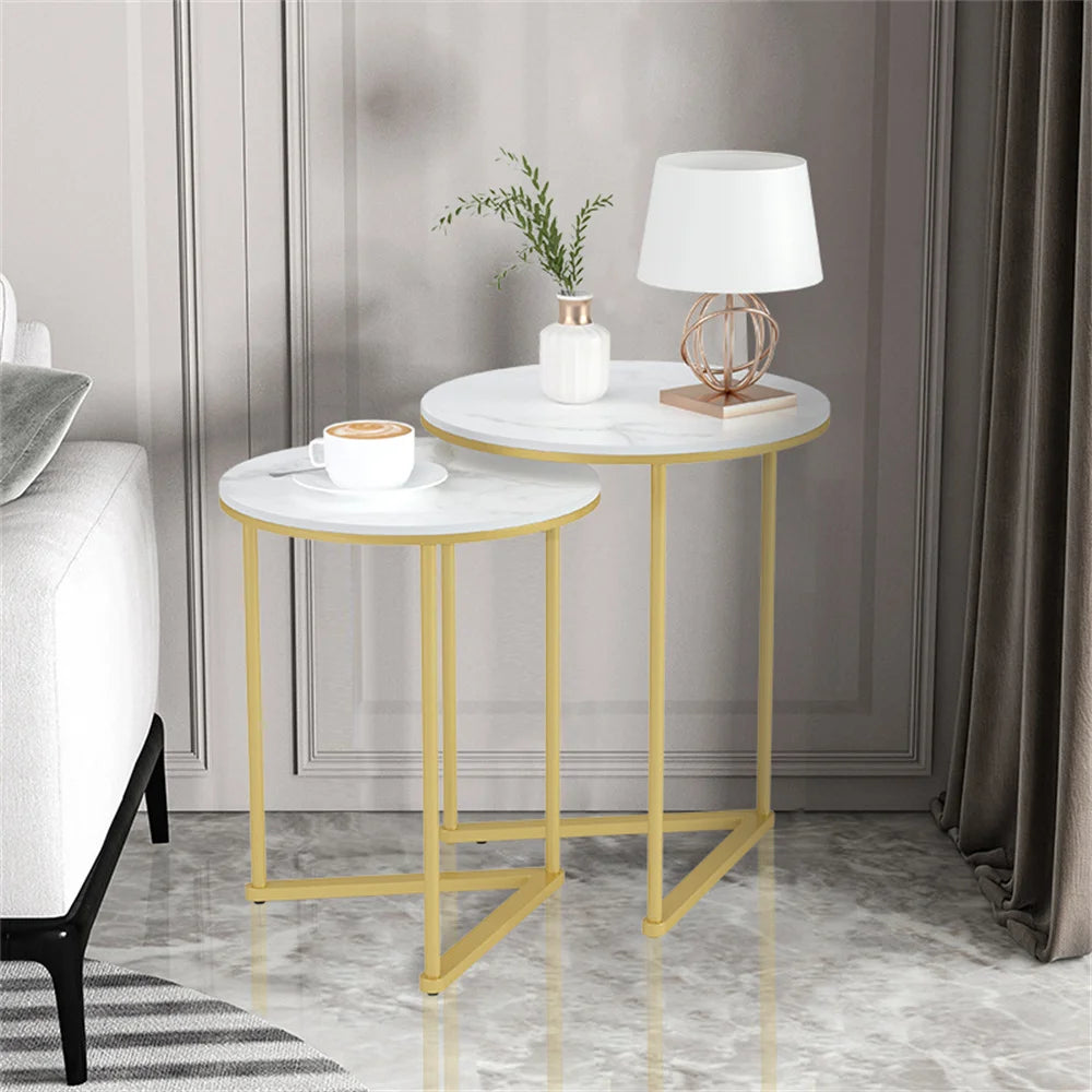Modern Round Marble Metal Base Nesting Set Side Accent Table - Homevalley.co.uk