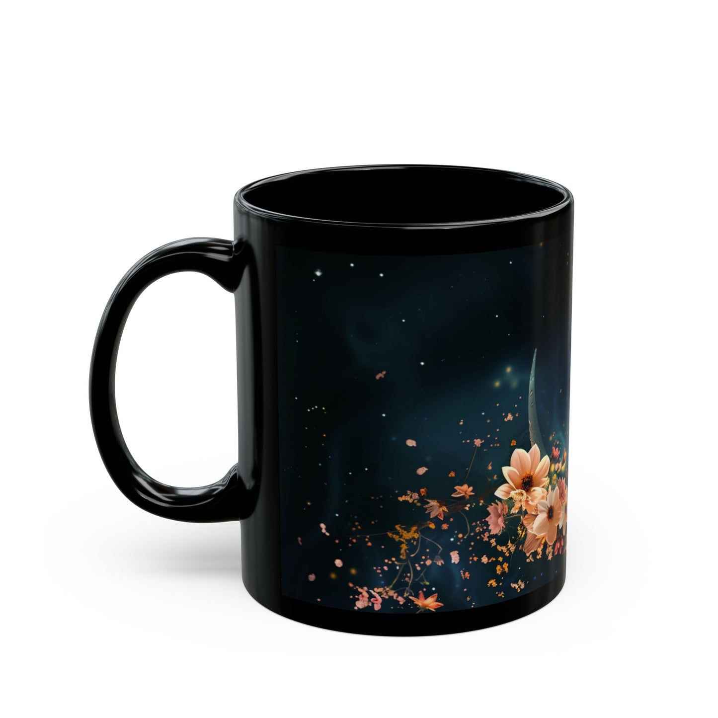 Moon, Moon Dust and Flowers Black Coffee Mug,Tea Cup, Floral Mug, Gift for Her, Mother's Day, Gift Idea(11oz, 15oz) - Homevalley.co.uk