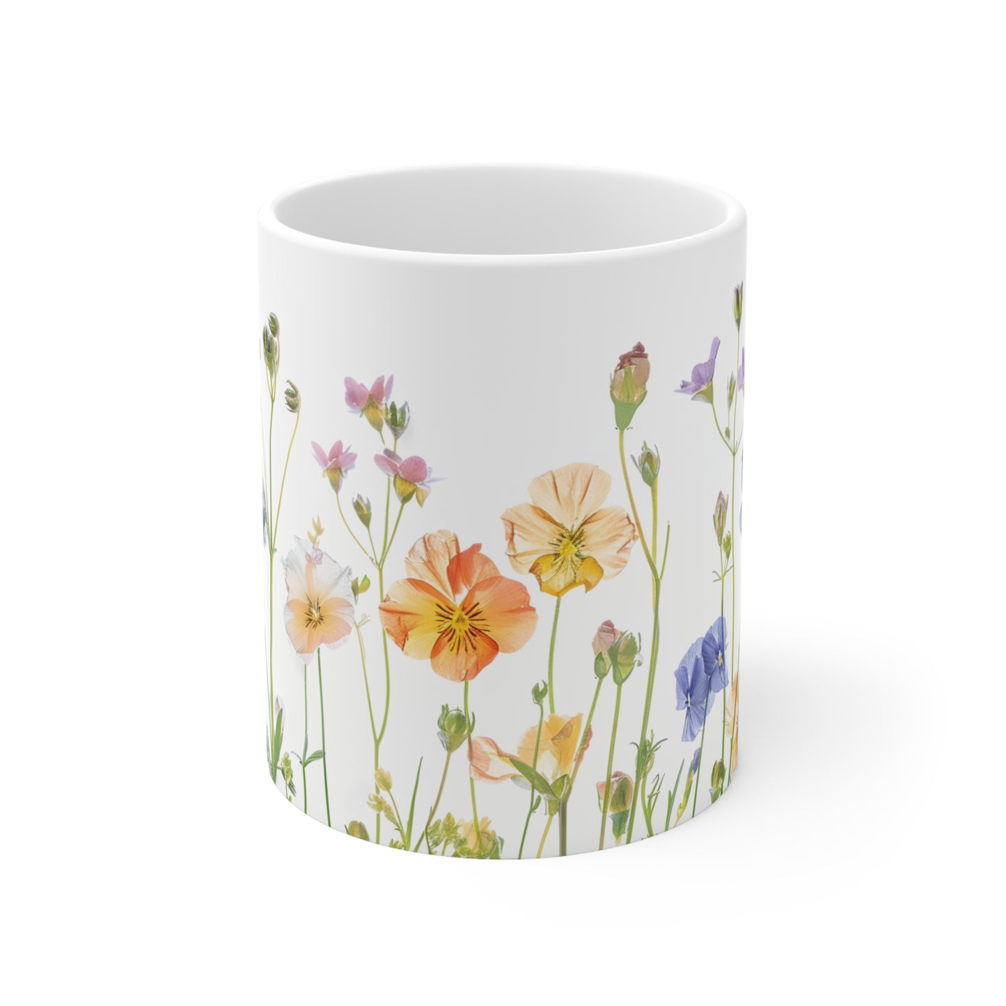 Pressed Flowers Mug, Boho Wildflowers, Cottage Coffee Mug, Vintage Botanical Tea Cup, Pastel Floral Tea Mug, 11oz - Homevalley.co.uk
