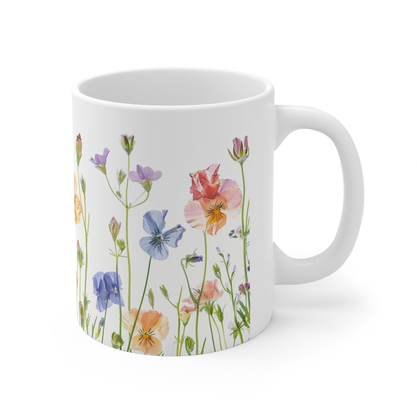 Pressed Flowers Mug, Boho Wildflowers, Cottage Coffee Mug, Vintage Botanical Tea Cup, Pastel Floral Tea Mug, 11oz - Homevalley.co.uk