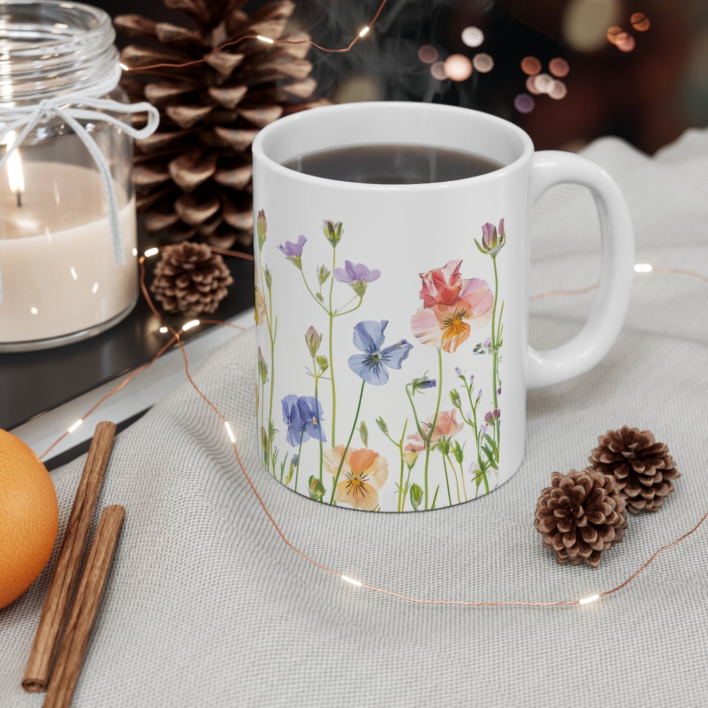 Pressed Flowers Mug, Boho Wildflowers, Cottage Coffee Mug, Vintage Botanical Tea Cup, Pastel Floral Tea Mug, 11oz - Homevalley.co.uk