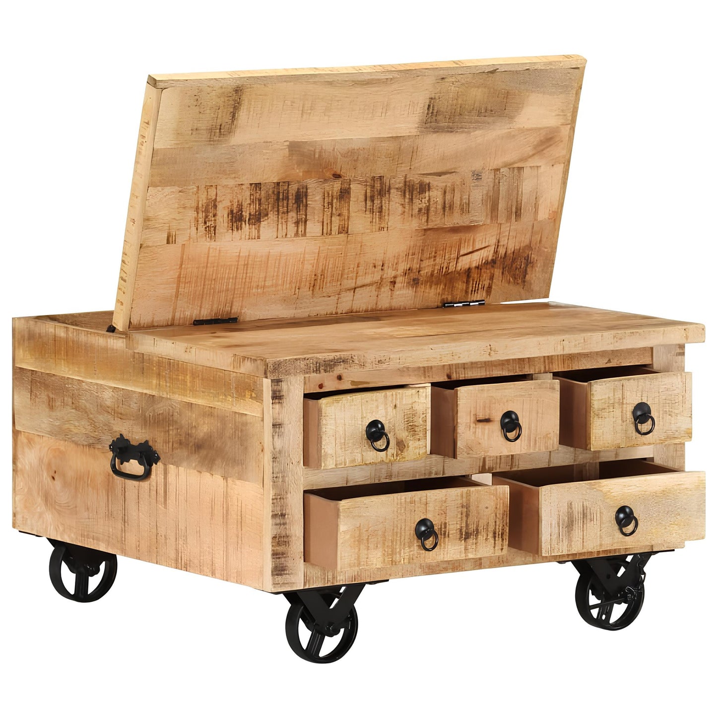 Raw Mango Wood Coffee Table on Wheels with Drawers - Homevalley.co.uk
