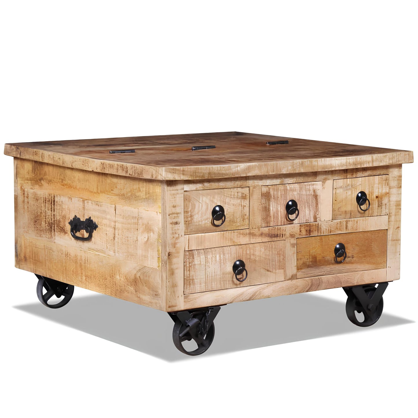 Raw Mango Wood Coffee Table on Wheels with Drawers - Homevalley.co.uk