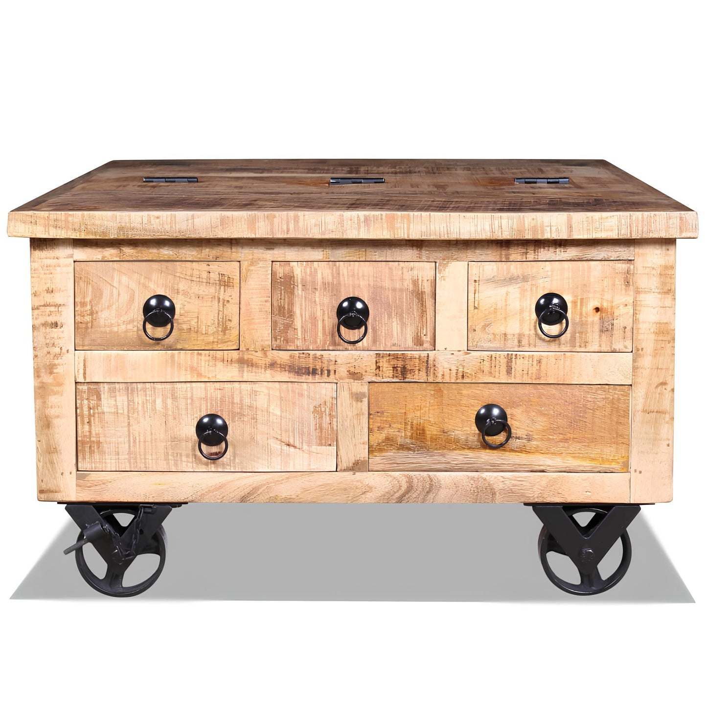 Raw Mango Wood Coffee Table on Wheels with Drawers - Homevalley.co.uk