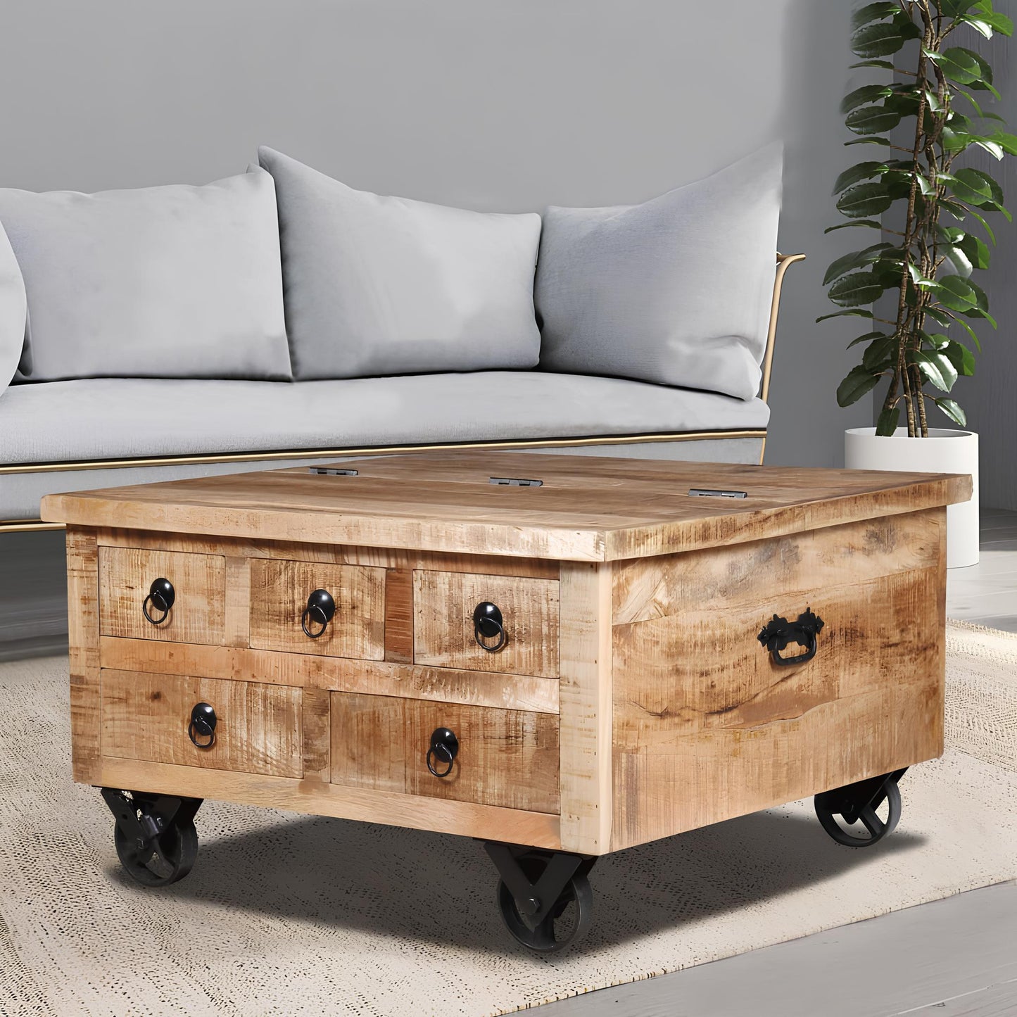 Raw Mango Wood Coffee Table on Wheels with Drawers - Homevalley.co.uk