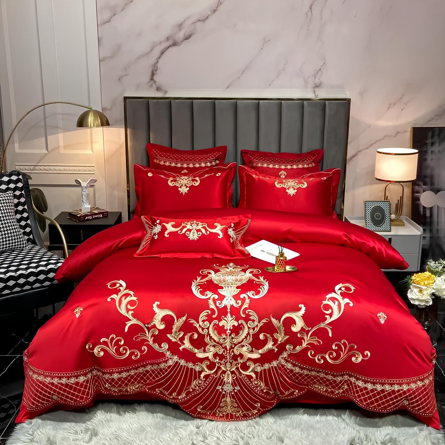 Red Luxury Royal Gold Embroidery Glossy Cotton Bedding Set, 400TC - Homevalley.co.uk