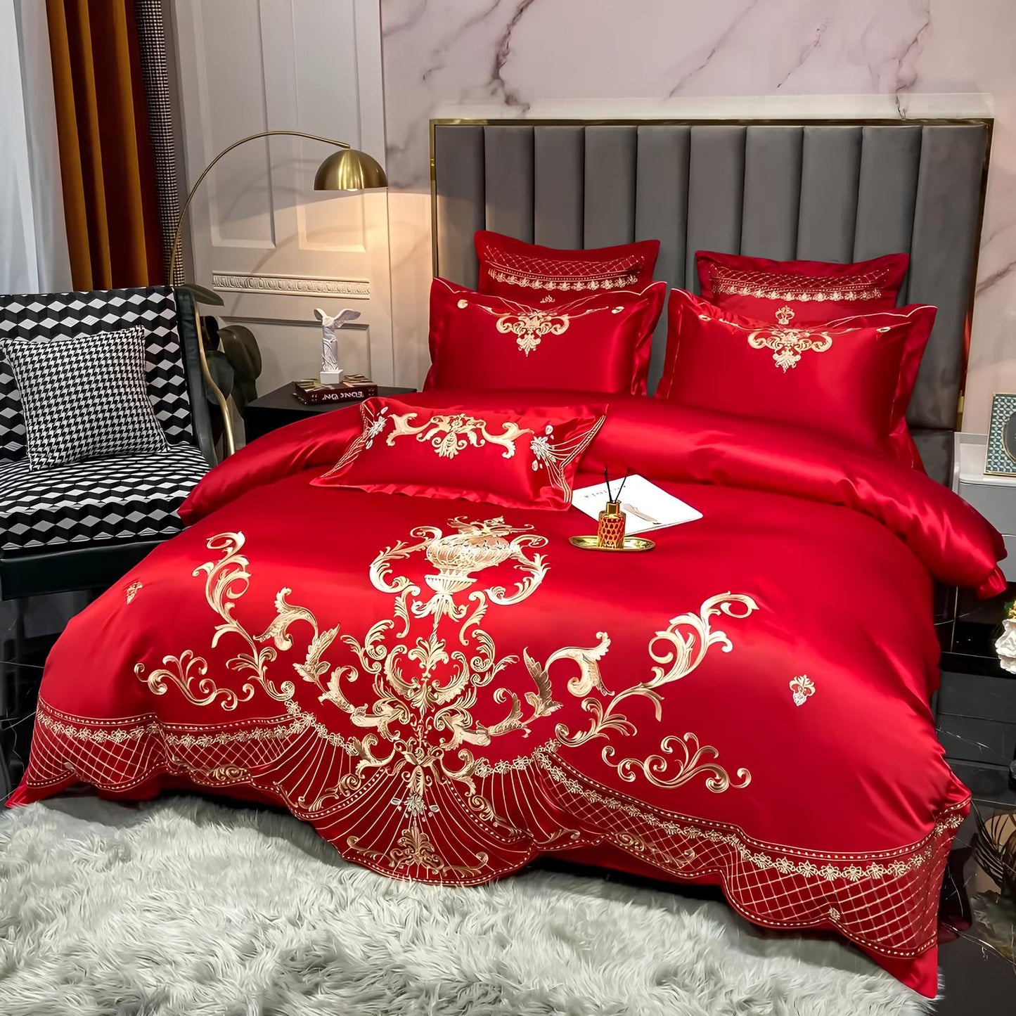 Red Luxury Royal Gold Embroidery Glossy Cotton Bedding Set, 400TC - Homevalley.co.uk