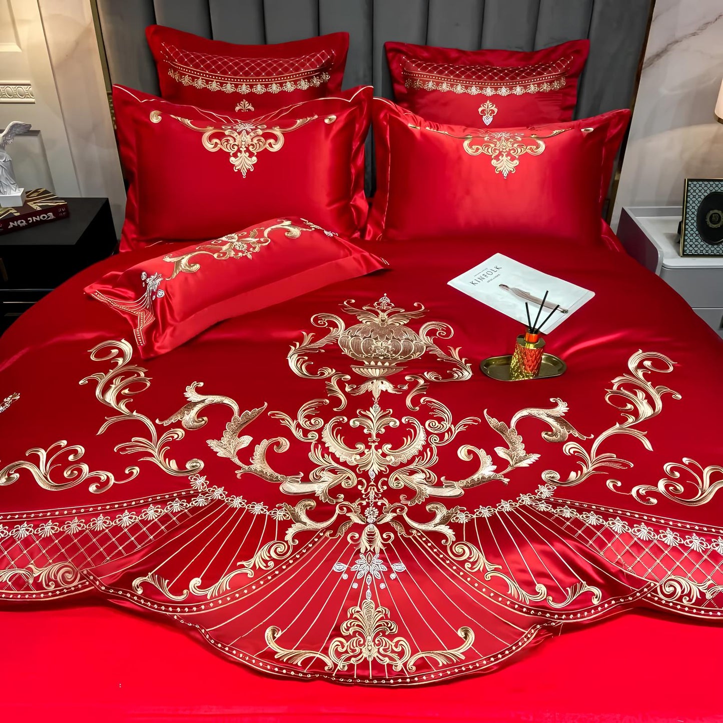 Red Luxury Royal Gold Embroidery Glossy Cotton Bedding Set, 400TC - Homevalley.co.uk