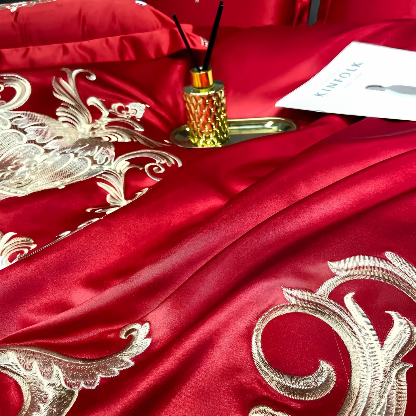 Red Luxury Royal Gold Embroidery Glossy Cotton Bedding Set, 400TC - Homevalley.co.uk