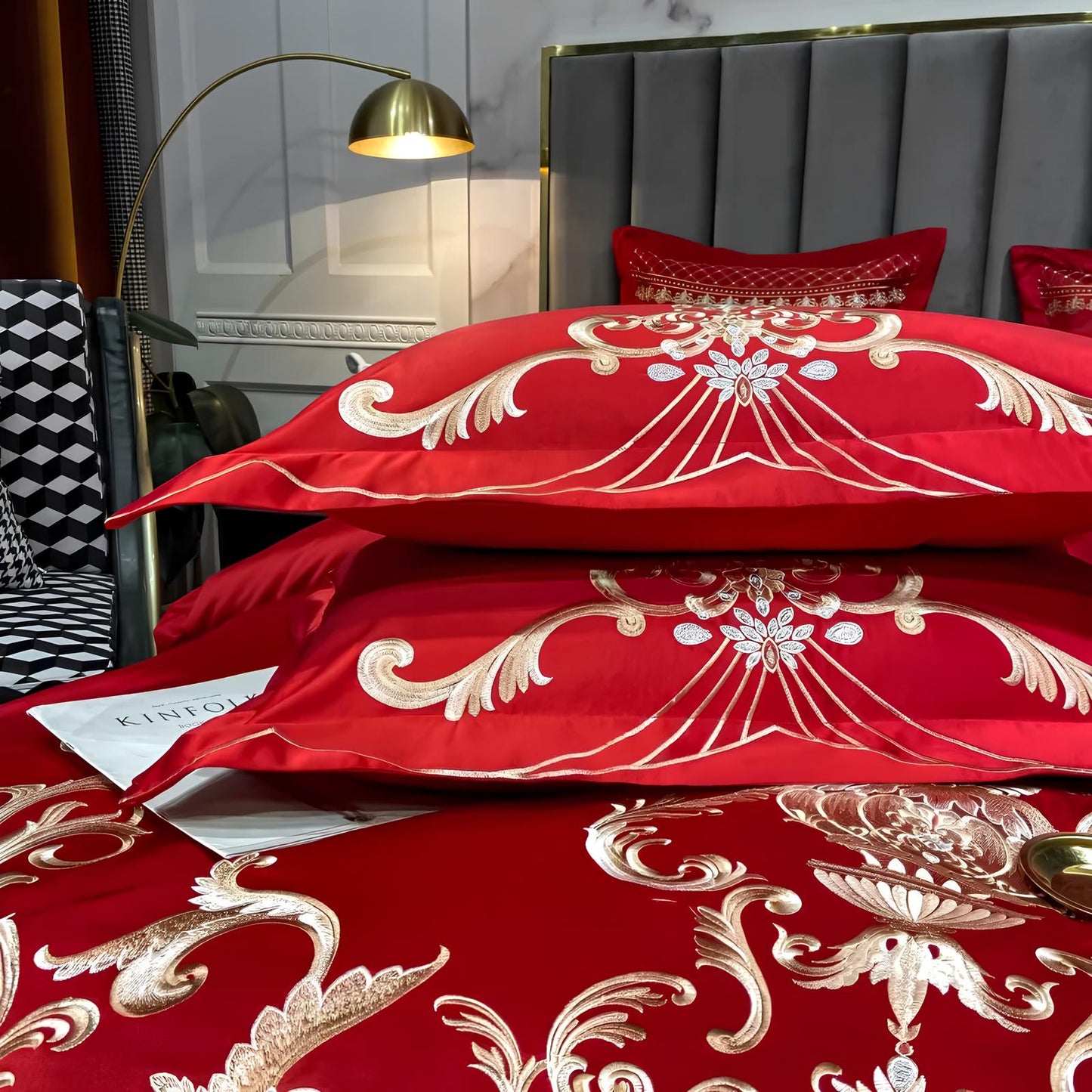 Red Luxury Royal Gold Embroidery Glossy Cotton Bedding Set, 400TC - Homevalley.co.uk