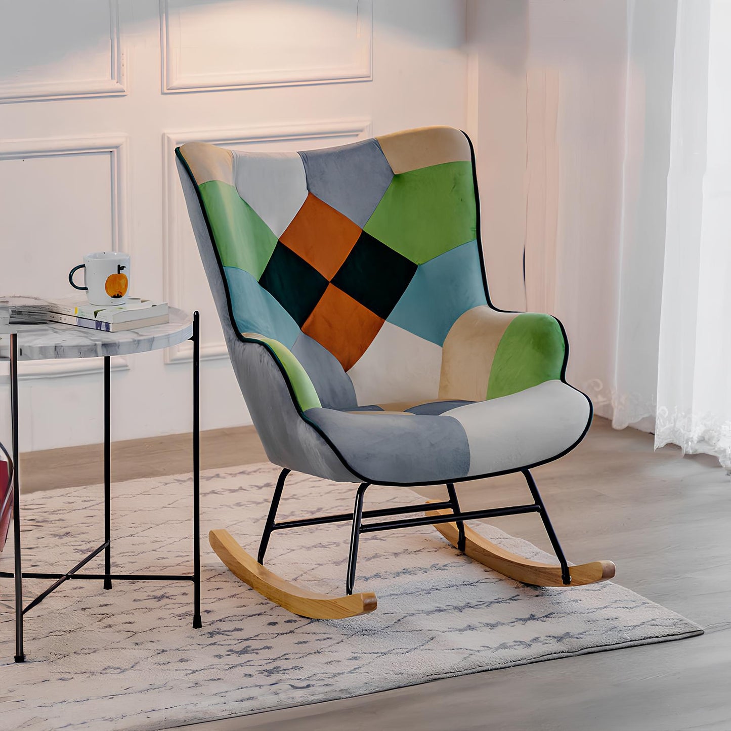 Rocking Swivel Patchwork Yellow Blue Pink Orange Grey Armchair Seat Footstool - Homevalley.co.uk