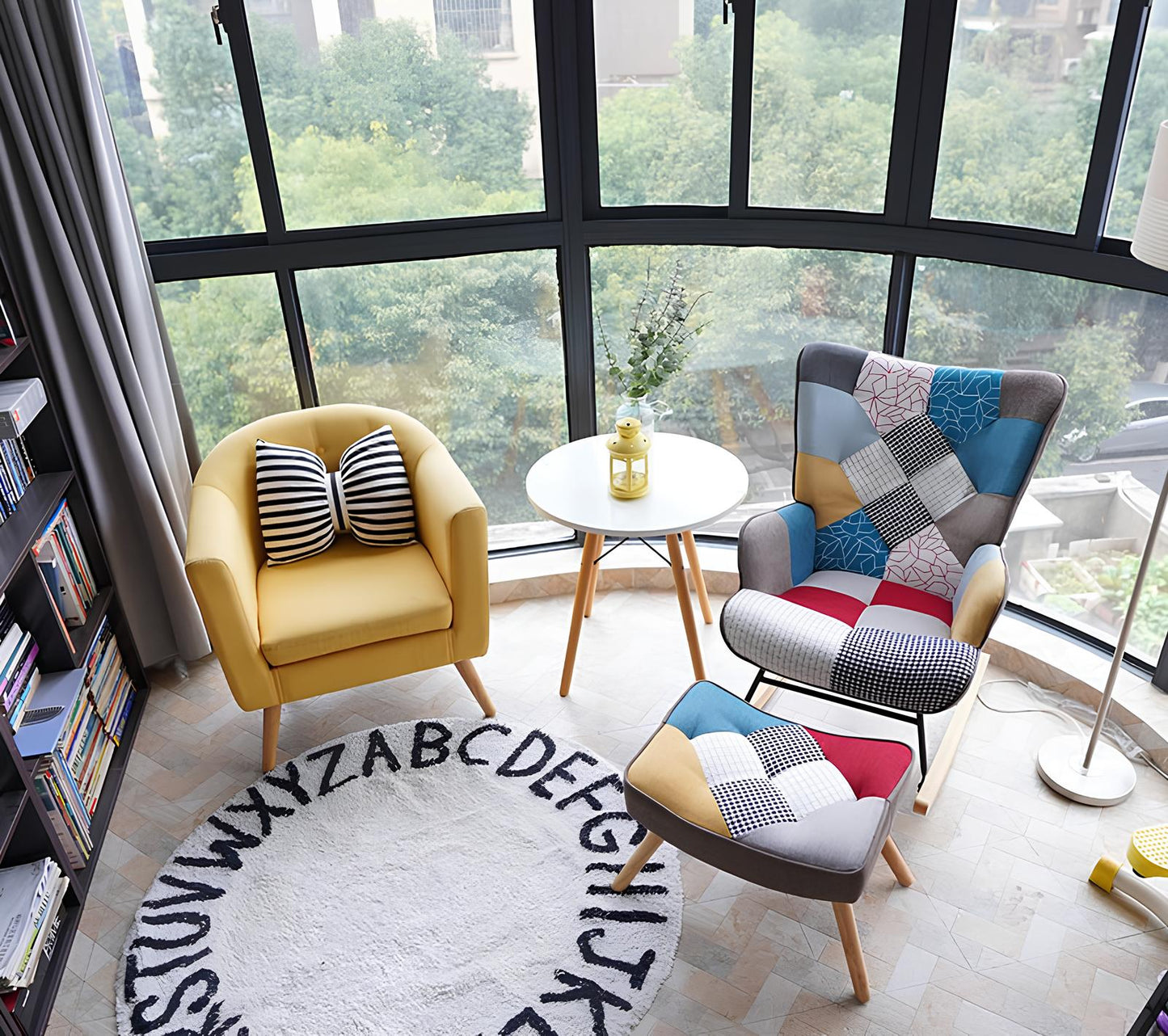 Rocking Swivel Patchwork Yellow Blue Pink Orange Grey Armchair Seat Footstool - Homevalley.co.uk