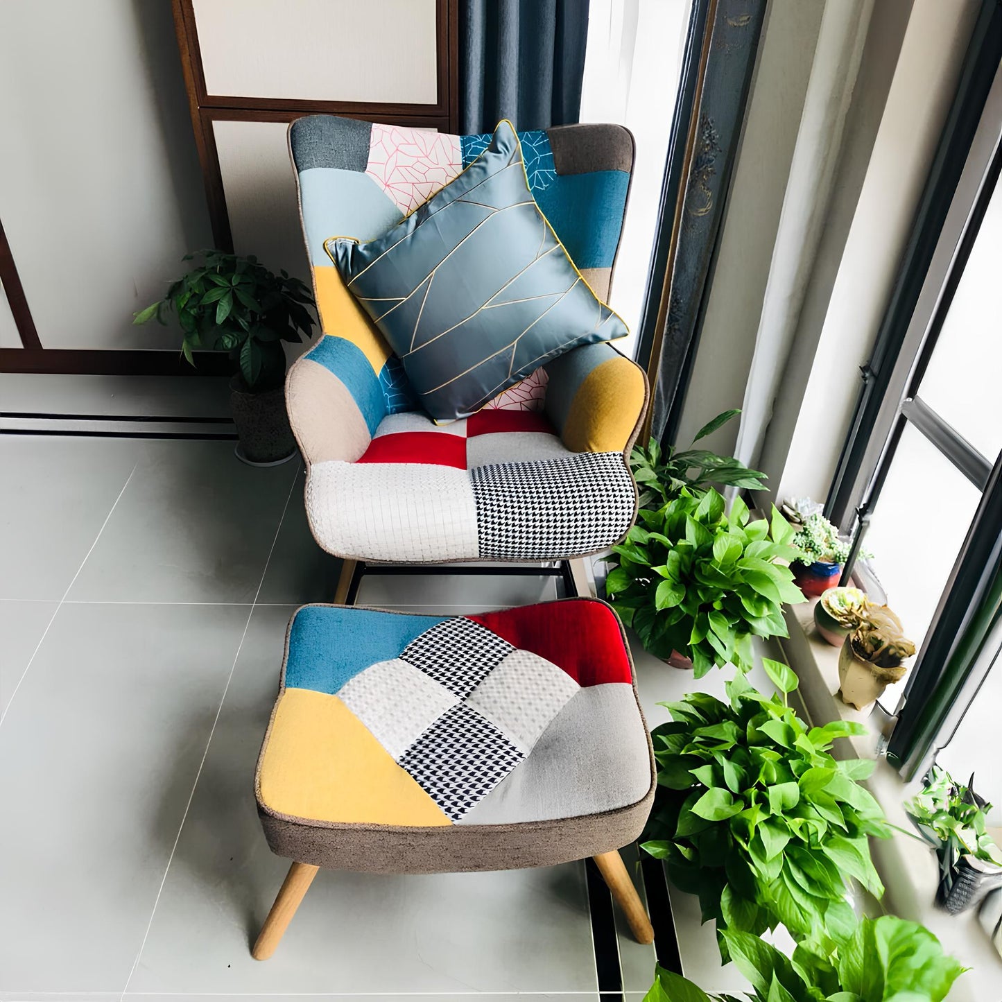 Rocking Swivel Patchwork Yellow Blue Pink Orange Grey Armchair Seat Footstool - Homevalley.co.uk