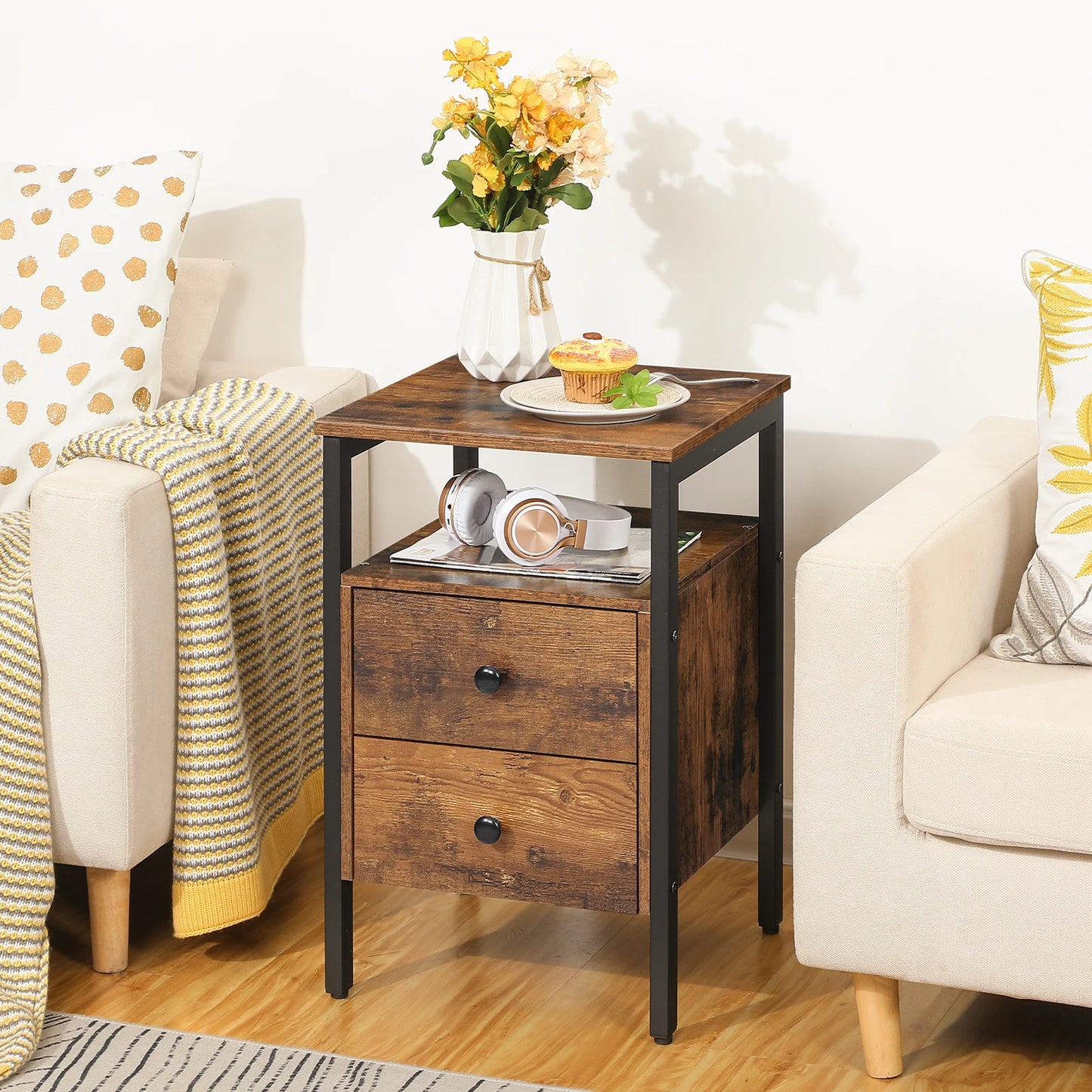 Rustic Bedside Table with Drawers - Homevalley.co.uk