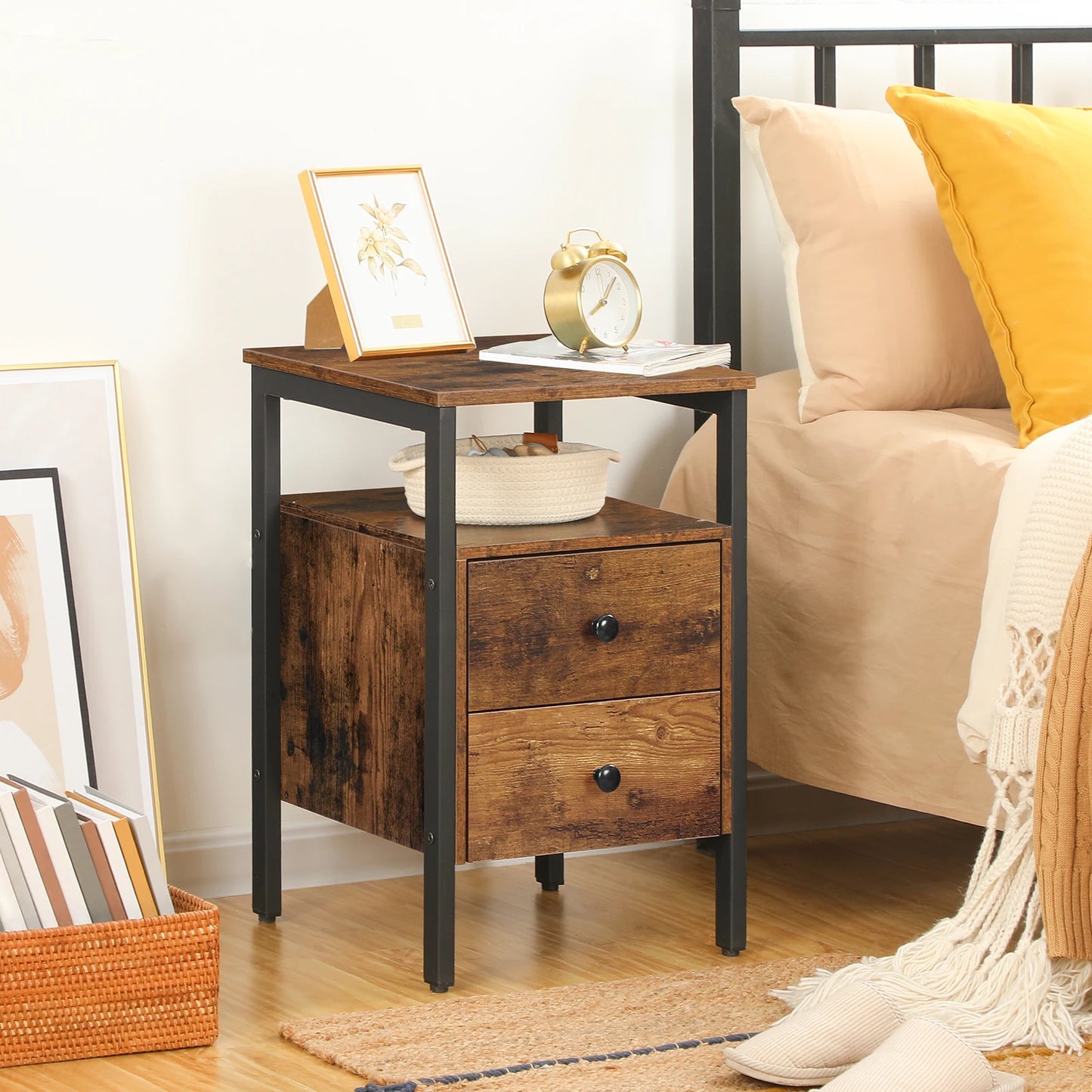Rustic Bedside Table with Drawers - Homevalley.co.uk