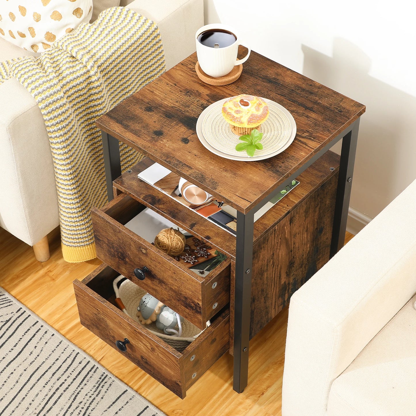Rustic Bedside Table with Drawers - Homevalley.co.uk