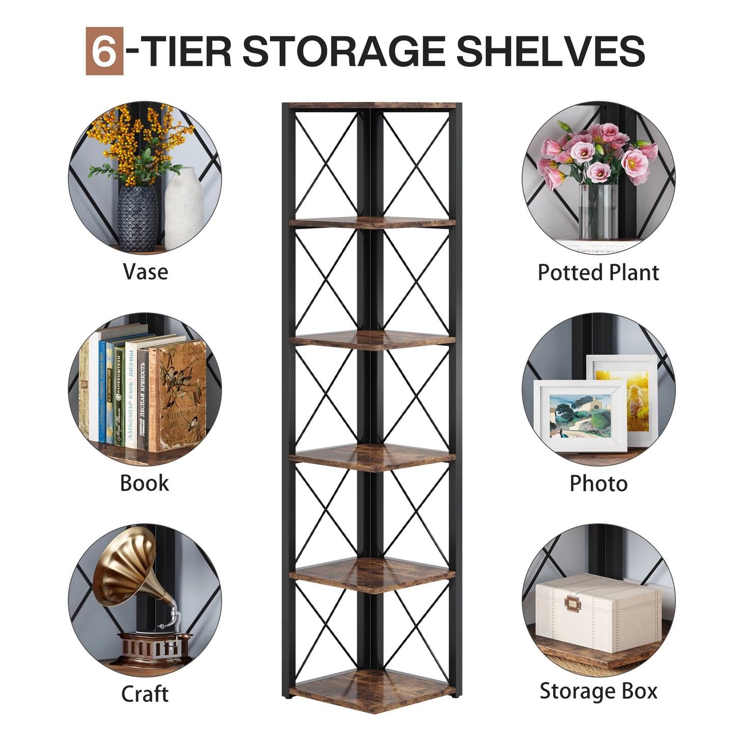 Rustic Collection 6-Tier Tall Shelf Bookshelf Storage Display (USA Only) - Homevalley.co.uk