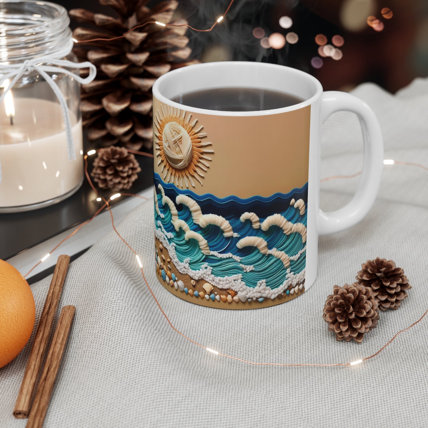 Sandy Beach White Ceramic Coffee Mug, Sea and Sand Coffee Cup, Sunshine Tea Cup, Gift for Her, Gift Idea, 11oz - Homevalley.co.uk