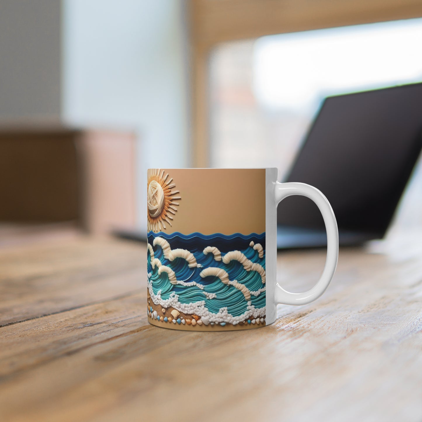 Sandy Beach White Ceramic Coffee Mug, Sea and Sand Coffee Cup, Sunshine Tea Cup, Gift for Her, Gift Idea, 11oz - Homevalley.co.uk