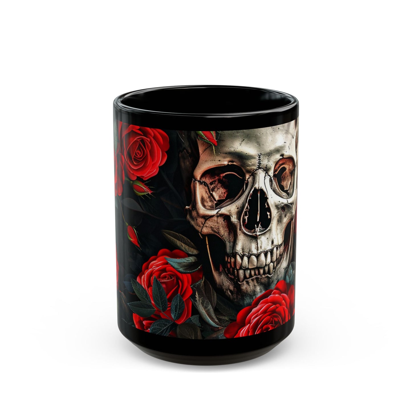 Scull and Red Roses Black Coffee Mug, Black Tea Cup, Gift for Him, Gift for Her, Father's day, Mother's day, Gift Idea (11oz, 15oz) - Homevalley.co.uk
