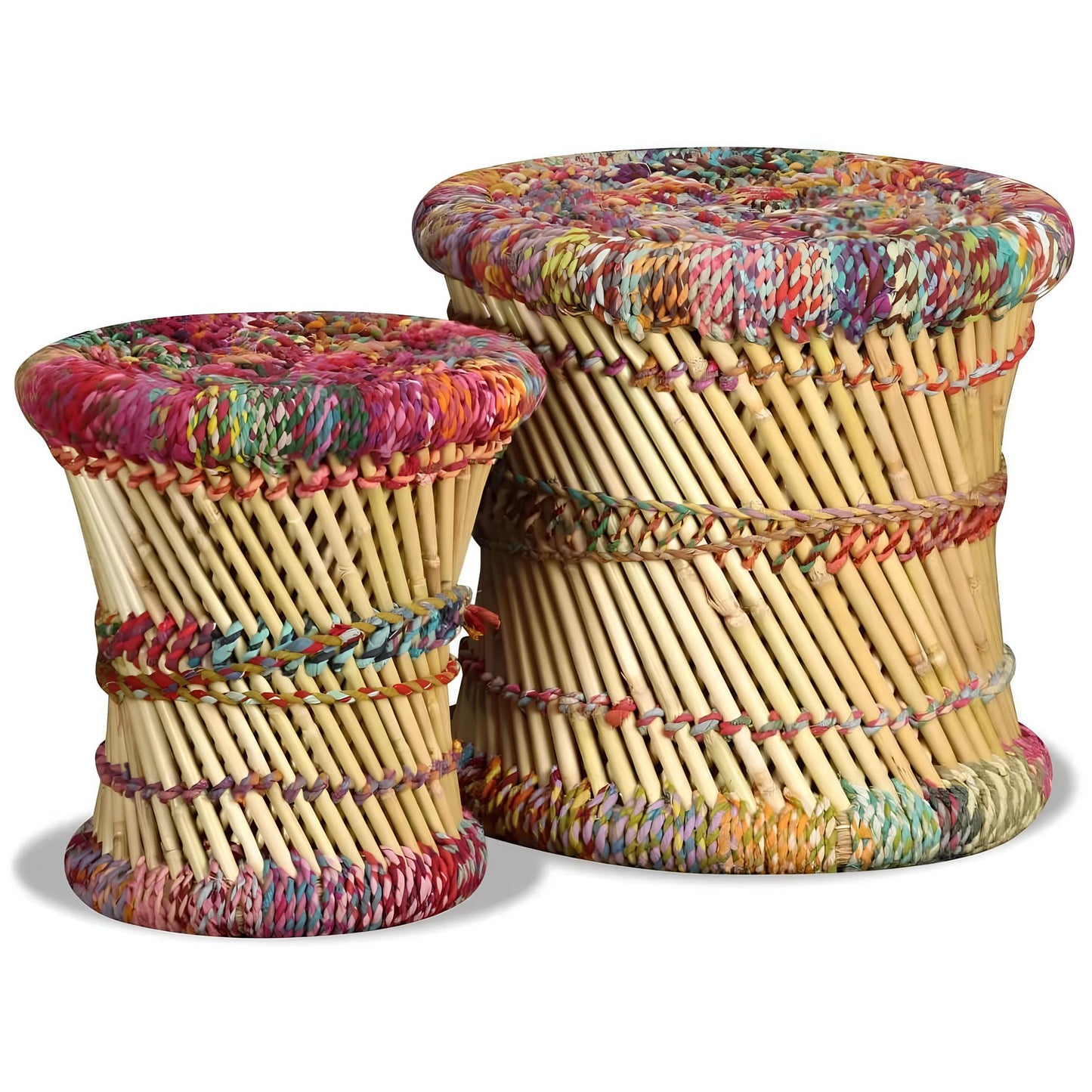 Set of 2 Handmade Bamboo Stools - Side Table with Chindi Details - Homevalley.co.uk