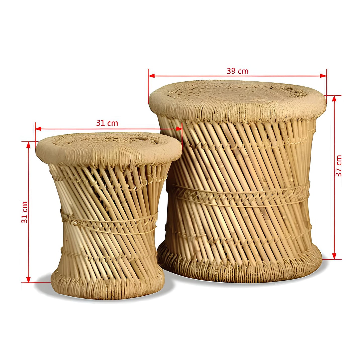 Set of 2 Handmade Bamboo Stools - Side Table with Chindi Details - Homevalley.co.uk