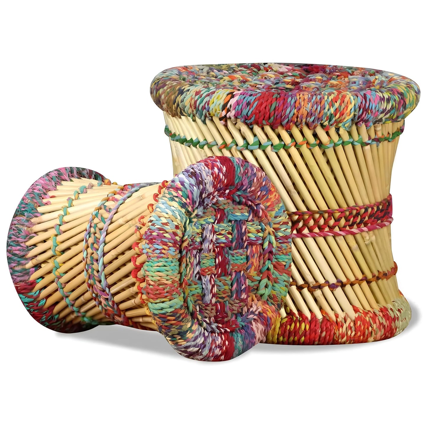 Set of 2 Handmade Bamboo Stools - Side Table with Chindi Details - Homevalley.co.uk