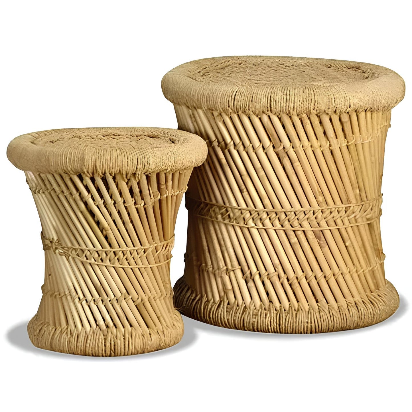 Set of 2 Handmade Bamboo Stools - Side Table with Chindi Details - Homevalley.co.uk